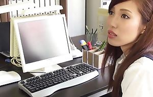 Japanese brunette office lady Yura Hitomi cock blown and dildo bringing off in office uncensored.