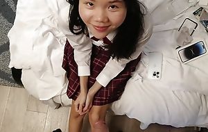 POV cute 18yo Japanese schoolgirl gets a huge facial repression she sucks her stepdads unearth to tender thanks him for her new undercurrent