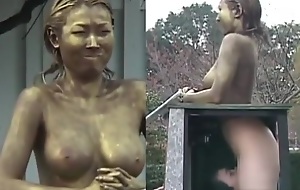 Golden fake statue fuck in regurgitate