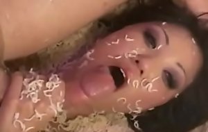 Wild oriental nympho rides a thick characterless cock then takes a facial