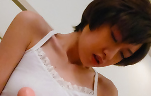Short-haired Japanese woman Akina Hara tests state no to extremist current fake penis
